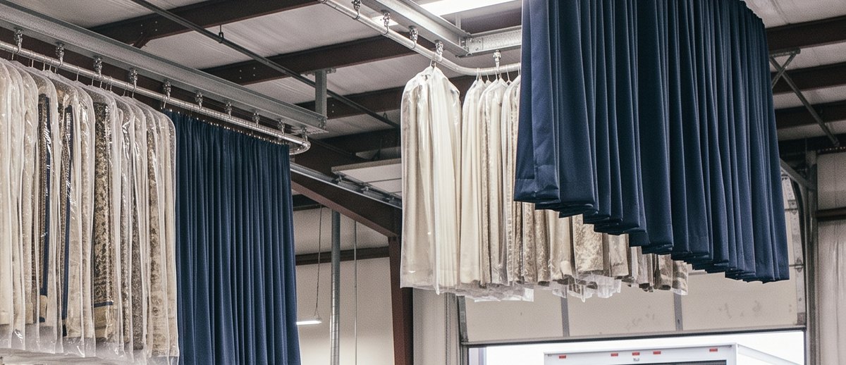 Cleaned drapes hanging on the rail