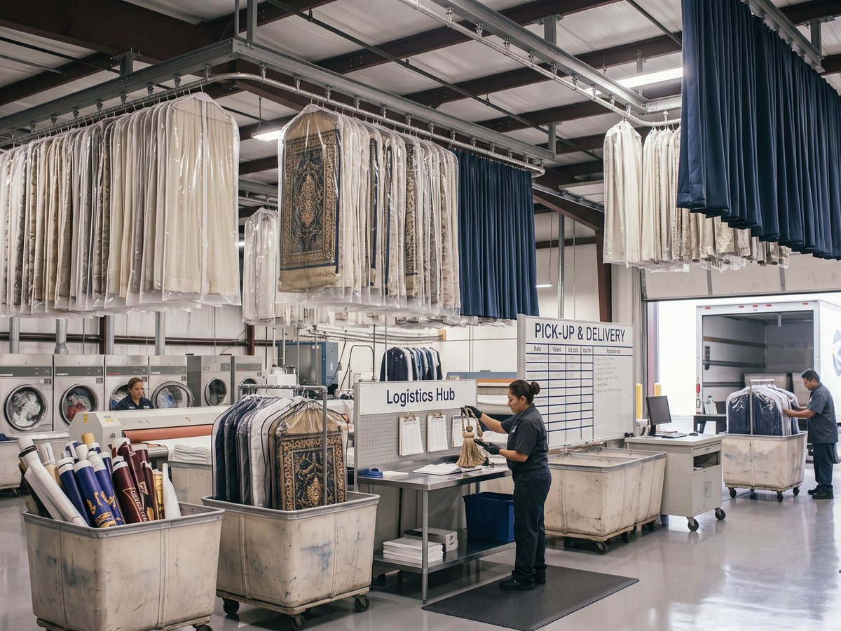 Cleaned drapes and rolled banners on the rail at the pick-up and delivery hub