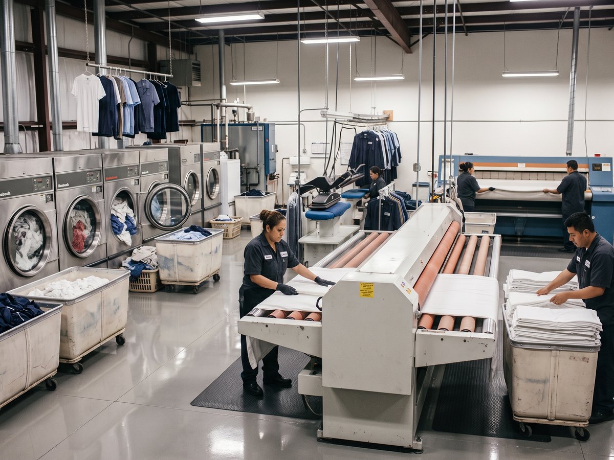 Staff feeding white sheets through the flatwork ironer and folding them at the plant