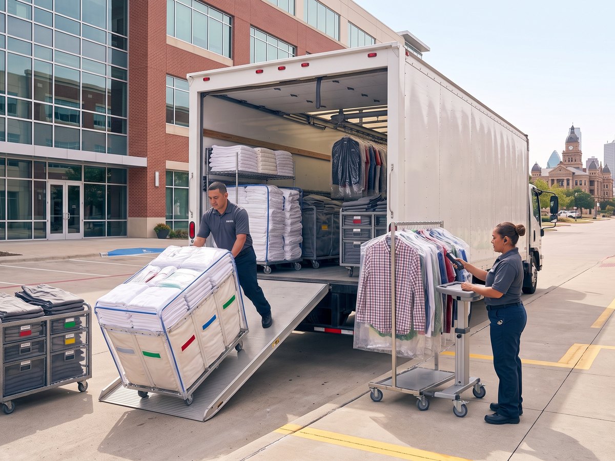 Corporate Cleaners staff delivering carts of clean linen and racks of pressed garments to a customer facility in Dallas
