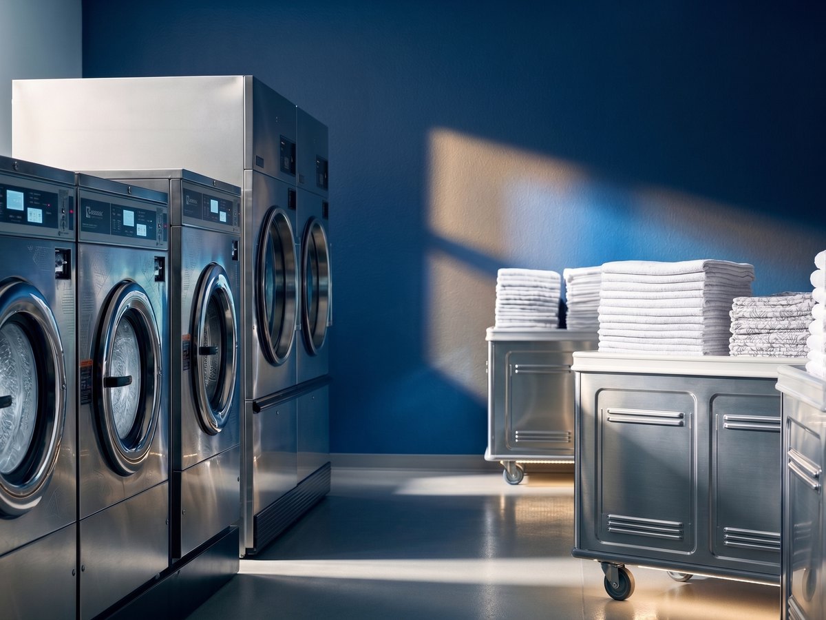 The washer line at the plant, with stacks of clean folded white towels alongside