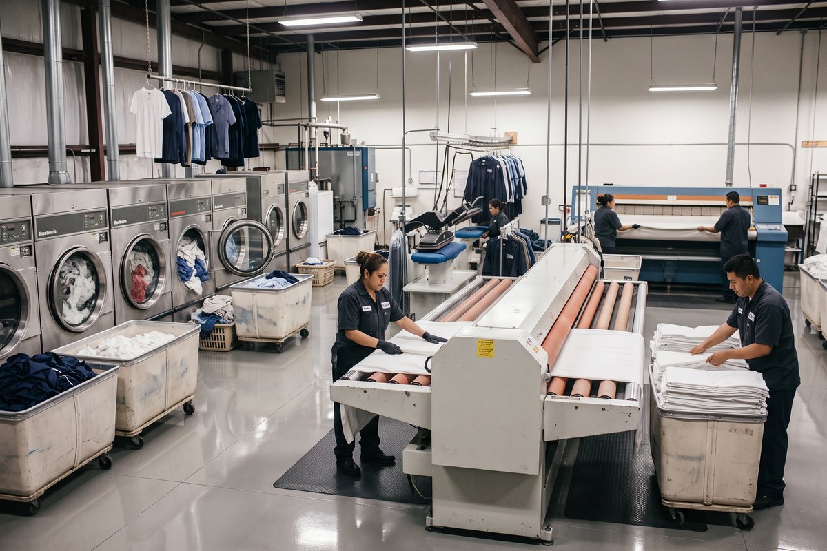 Staff feeding white sheets through the flatwork ironer and folding them at the plant