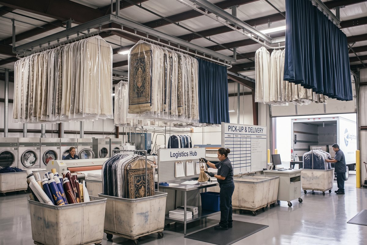 Cleaned drapes and rolled banners on the rail at the pick-up and delivery hub