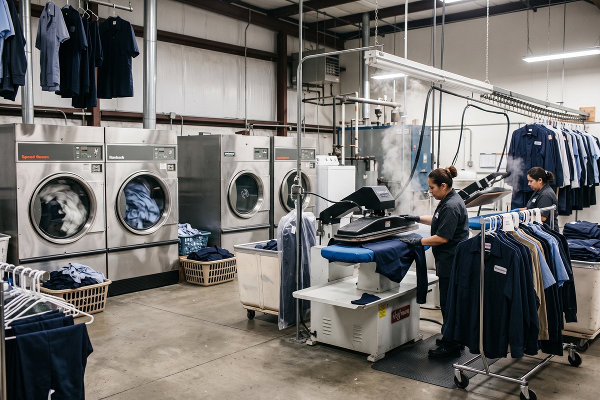Corporate Cleaners staff pressing work uniforms, with washers and finished garments on the rail behind