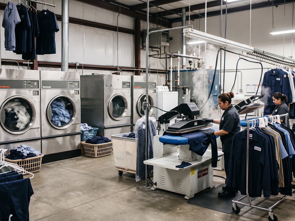 Corporate Cleaners staff pressing work uniforms, with washers and finished garments on the rail behind